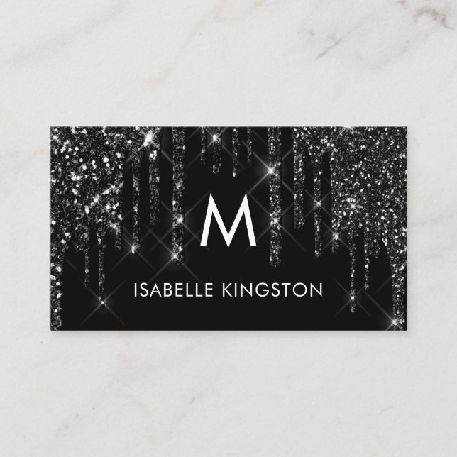 Elegant Lyx Monogram Svart Glitter Dropar Visitkort (Framsida)