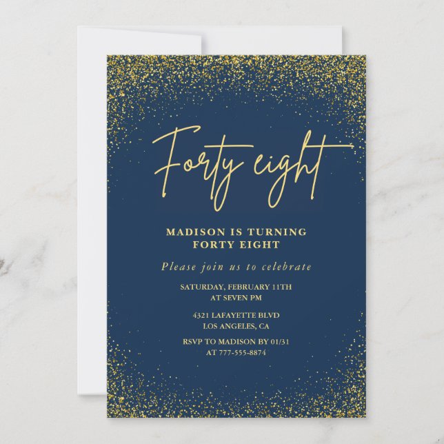 Elegant Lyx Navy Gold Glitter 48-årsdag Inbjudningar (Framsida)