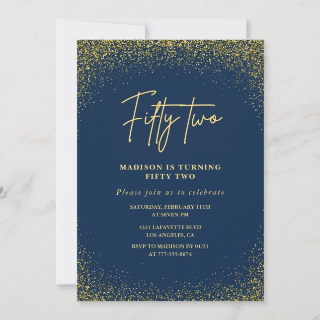 Elegant Lyx Navy Gold Glitter 52-årsdag Inbjudningar (Framsida)