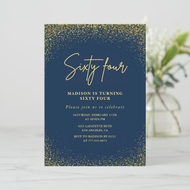 Elegant Lyx Navy Gold Glitter 64-årsdag Inbjudningar (Stående Fram)