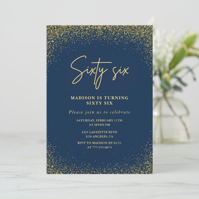 Elegant Lyx Navy Gold Glitter 66-årsdag Inbjudningar (Stående Fram)