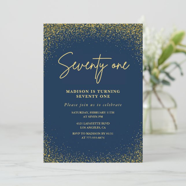 Elegant Lyx Navy Gold Glitter 71-årsdag Inbjudningar (Stående Fram)