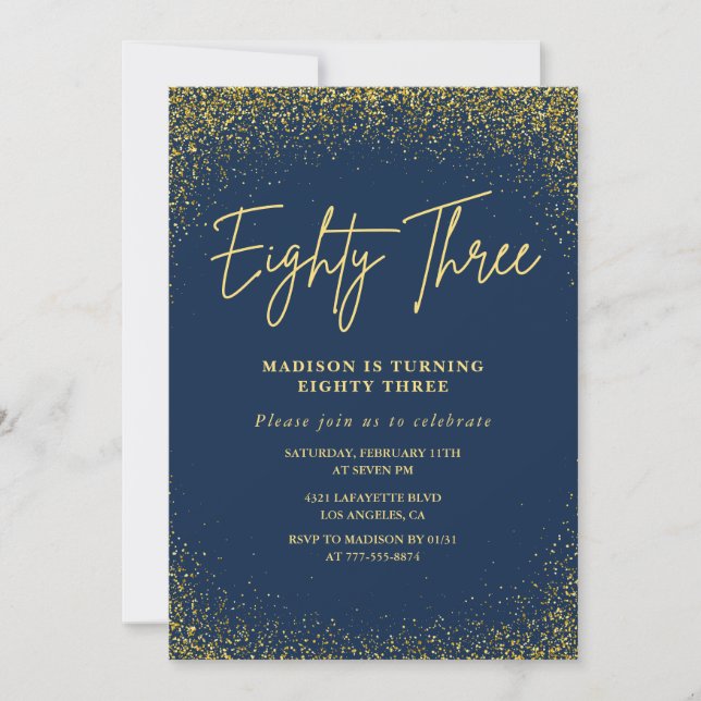 Elegant Lyx Navy Gold Glitter 83-årsdag Inbjudningar (Framsida)