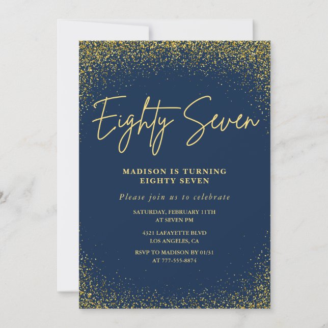 Elegant Lyx Navy Gold Glitter 87-årsdag Inbjudningar (Framsida)