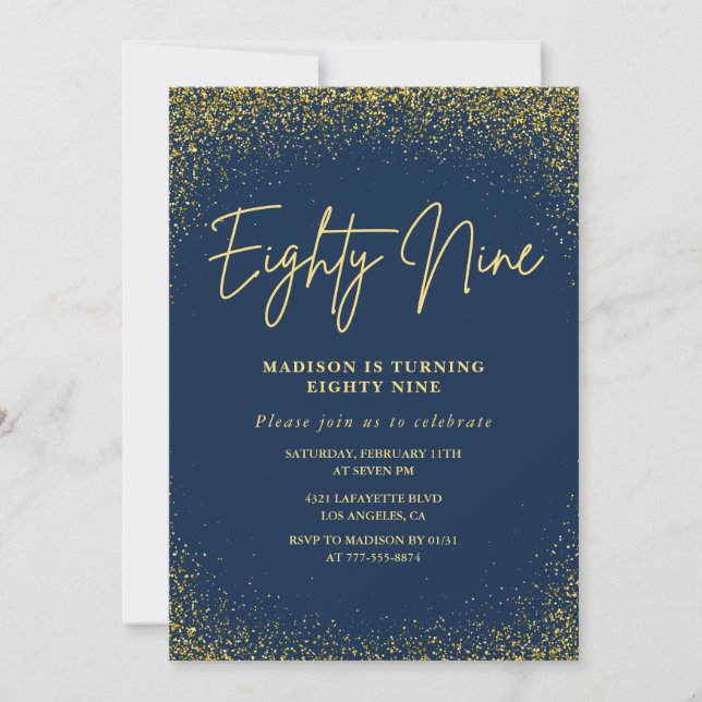 Elegant Lyx Navy Gold Glitter 89-årsdag Inbjudningar (Framsida)