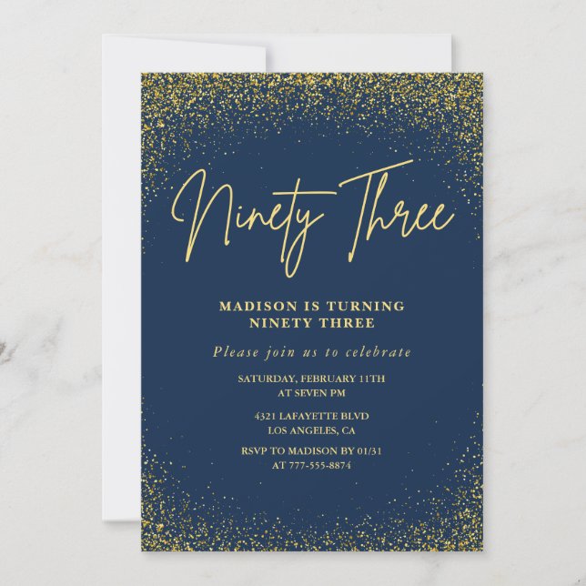 Elegant Lyx Navy Gold Glitter 93-årsdag Inbjudningar (Framsida)