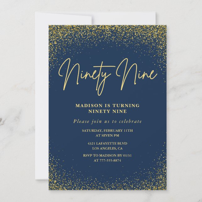 Elegant Lyx Navy Gold Glitter 99-årsdag Inbjudningar (Framsida)