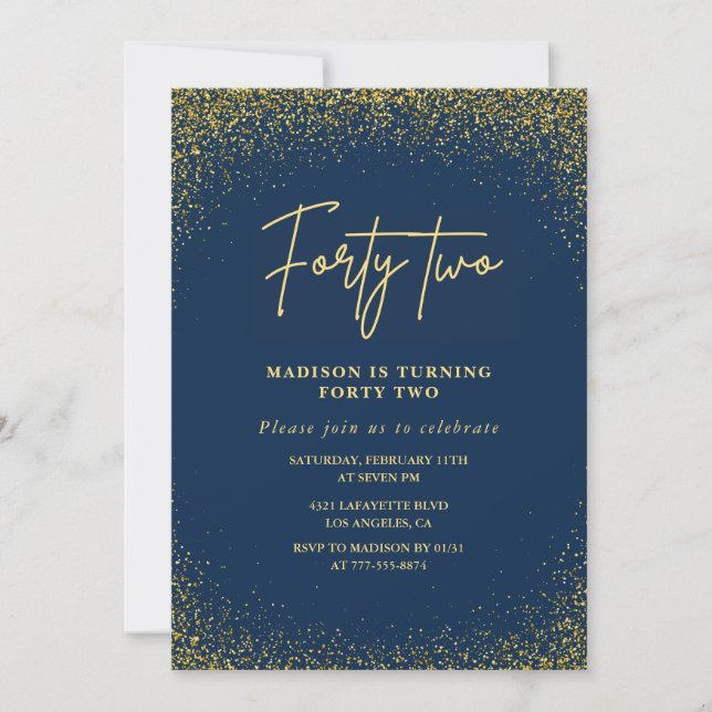 Elegant Lyx Navy Guld Glitter 42-årsdag Inbjudningar (Framsida)