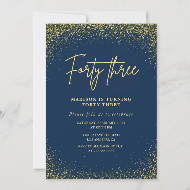 Elegant Lyx Navy Guld Glitter 43-årsdag Inbjudningar (Framsida)