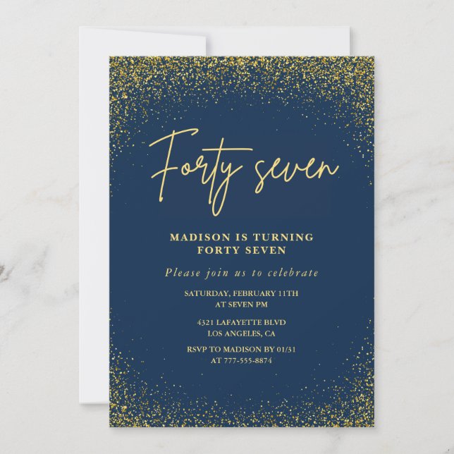 Elegant Lyx Navy Guld Glitter 47-årsdag Inbjudningar (Framsida)