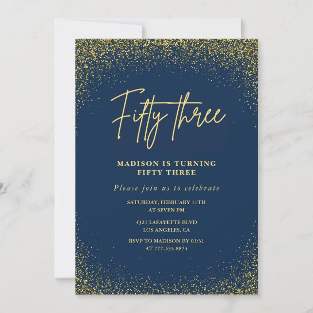 Elegant Lyx Navy Guld Glitter 53-årsdag Inbjudningar (Framsida)