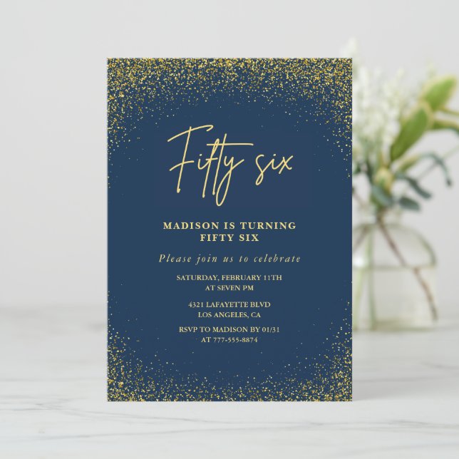 Elegant Lyx Navy Guld Glitter 56-årsdag Inbjudningar (Stående Fram)