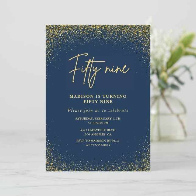 Elegant Lyx Navy Guld Glitter 59-årsdag Inbjudningar (Stående Fram)