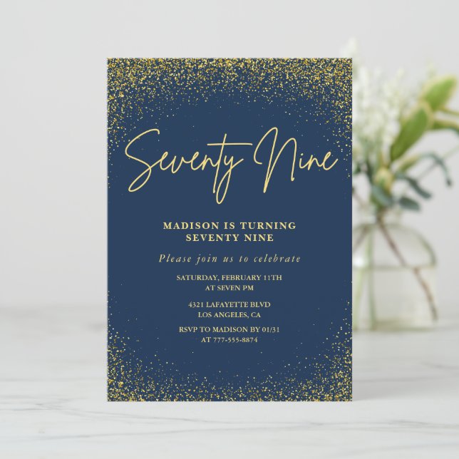 Elegant Lyx Navy Guld Glitter 79-årsdag Inbjudningar (Stående Fram)