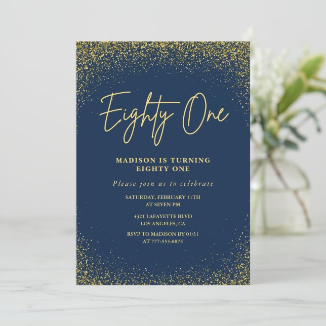 Elegant Lyx Navy Guld Glitter 81-årsdag Inbjudningar (Stående Fram)