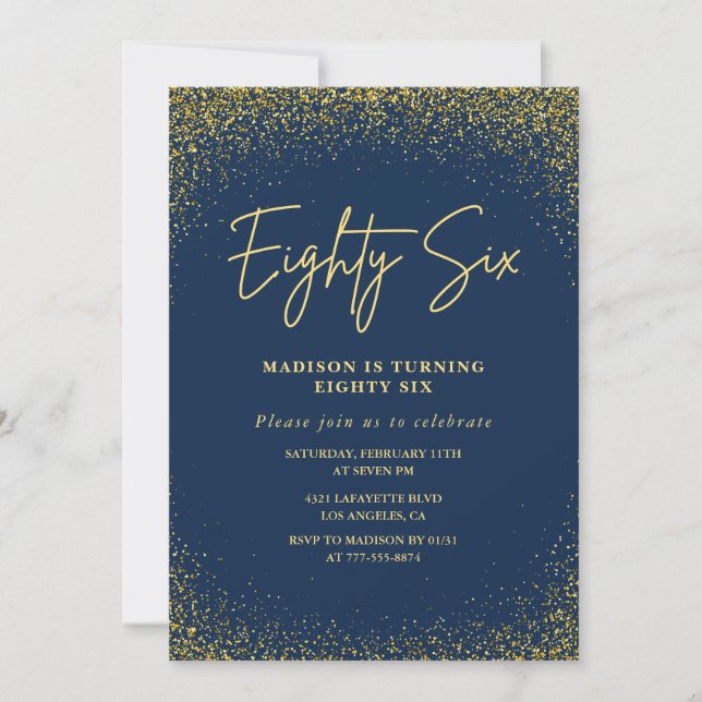 Elegant Lyx Navy Guld Glitter 86-årsdag Inbjudningar (Framsida)
