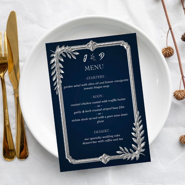 Elegant Lyx Navyblå och Silver Bröllop Meny (Skapare uppladdad)