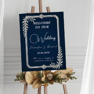 Elegant Lyx Navyblå och Silver Bröllpsskylt Poster