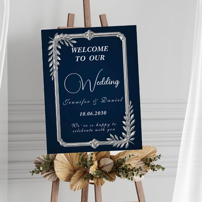 Elegant Lyx Navyblå och Silver Bröllpsskylt Poster (Skapare uppladdad)