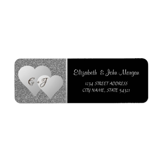 Elegant Lyx, Silver Glitter Hjärtan, Monogram Returadress Etikett (Framsidan)