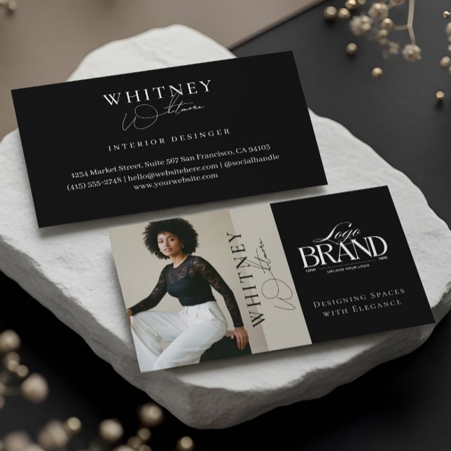 Elegant Lyx Svart Interiördesigner Foto Logotyp Visitkort (Elegant Luxury Black Interior Designer Photo Logo Business Card)