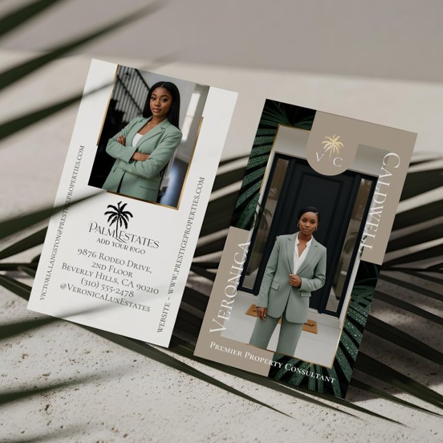 Elegant Lyx Tropisk Palmlogo Foto Visitkort (Elegant Luxury Tropical Palm Tree Monogram Photo Business Card)