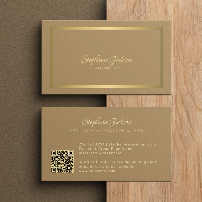 Elegant lyxbeige och guld QR-kod frisör Visitkort (Skapare uppladdad)