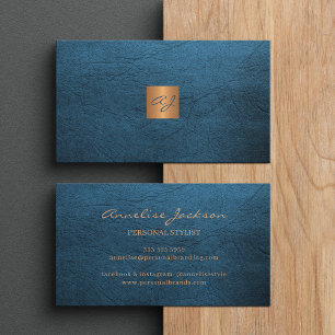 Elegant lyxblått läderkoppar guld monogram visitkort