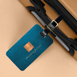 Elegant lyxblått läderutseende guld monogrammet bagagebricka