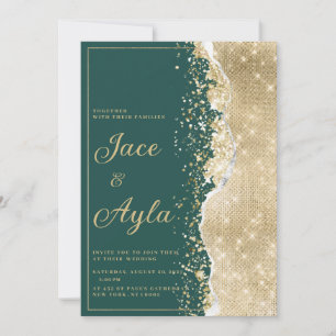 Elegant lyxgrön guldglitter Bröllop Inbjudningar