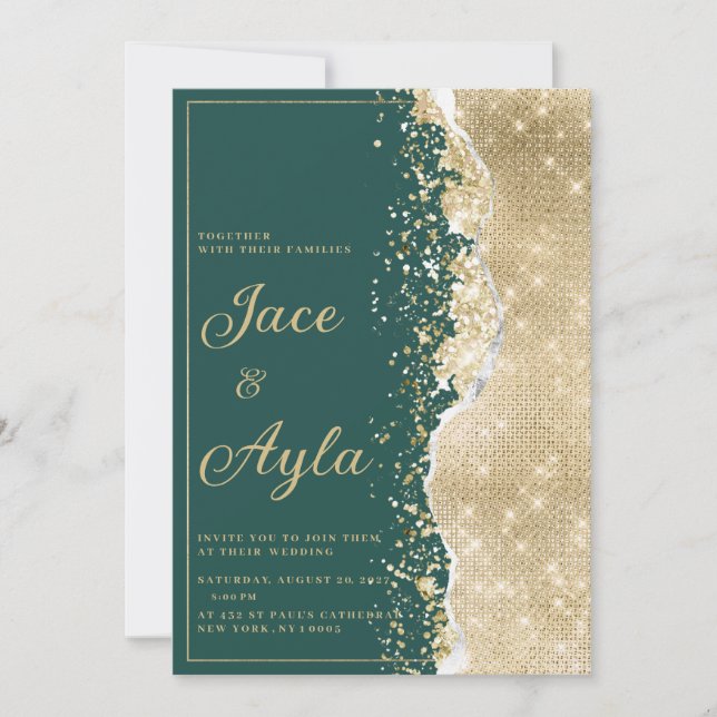 Elegant lyxgrön guldglitter Bröllop Inbjudningar (Framsida)