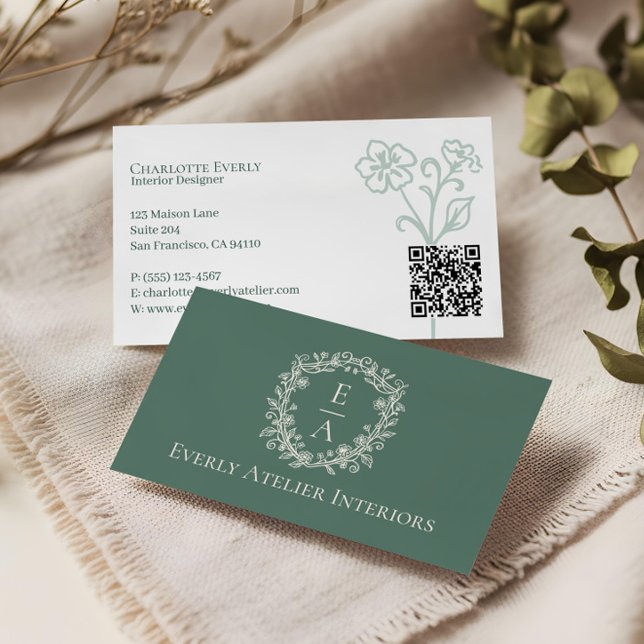 Elegant Lyxig Boutique Blommig Monogram Topp Logo Visitkort (Elegant Luxury Boutique Floral Monogram Crest Logo Business Card)