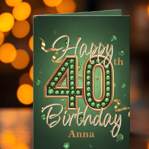 Elegant Lyxig Grön och Guld 40-årsfirande Kort