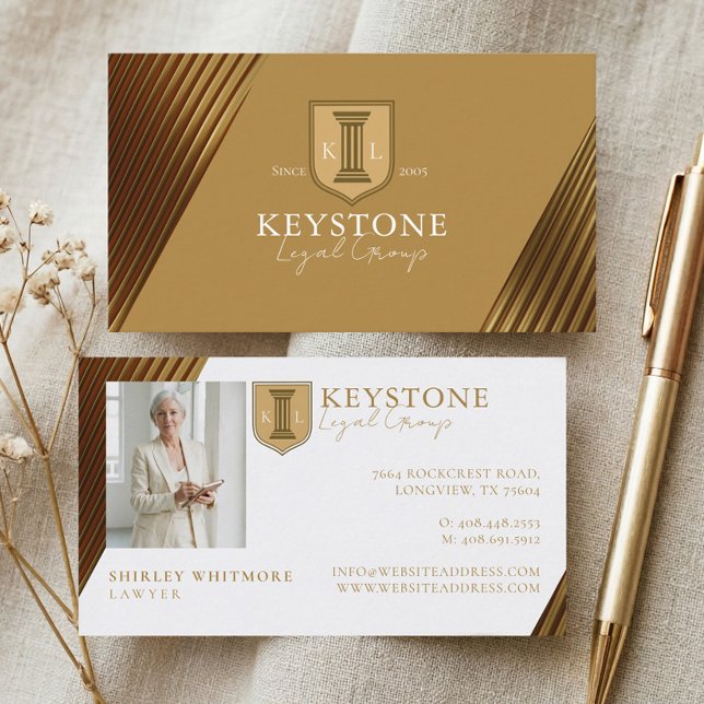 Elegant Lyxig Guld Advokat Byrå Logotyp Foto Visitkort (Elegant Luxury Gold Attorney Law Firm Logo Photo Business Card)