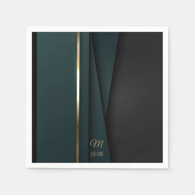 Elegant Lyxig Mörkgrön Guld Monogram Namn Pappersservett (Framsidan)