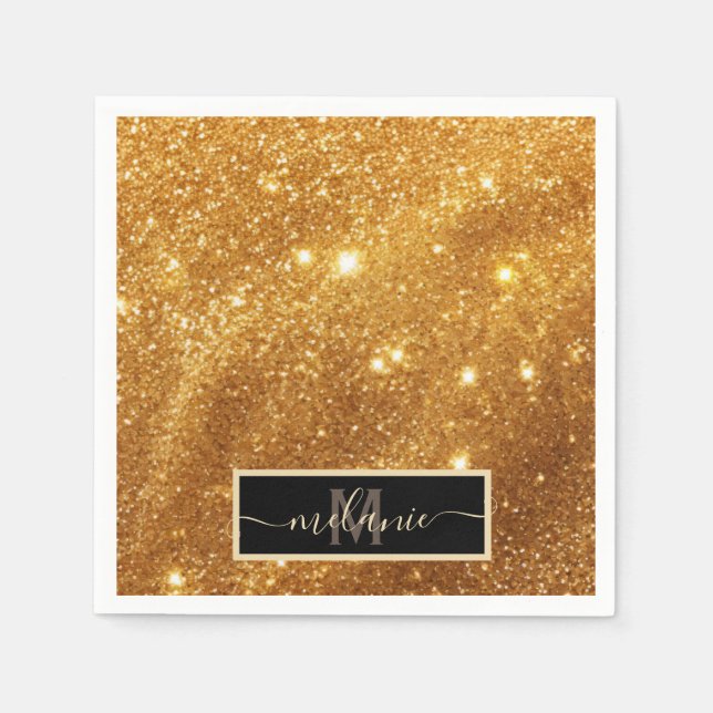 Elegant Lyxig Ren Guld Glitter Monogram Glamourös Pappersservett (Framsidan)