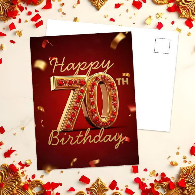 Elegant Lyxig Röd och Guld 70-års Födelsedag Vykort (Skapare uppladdad)
