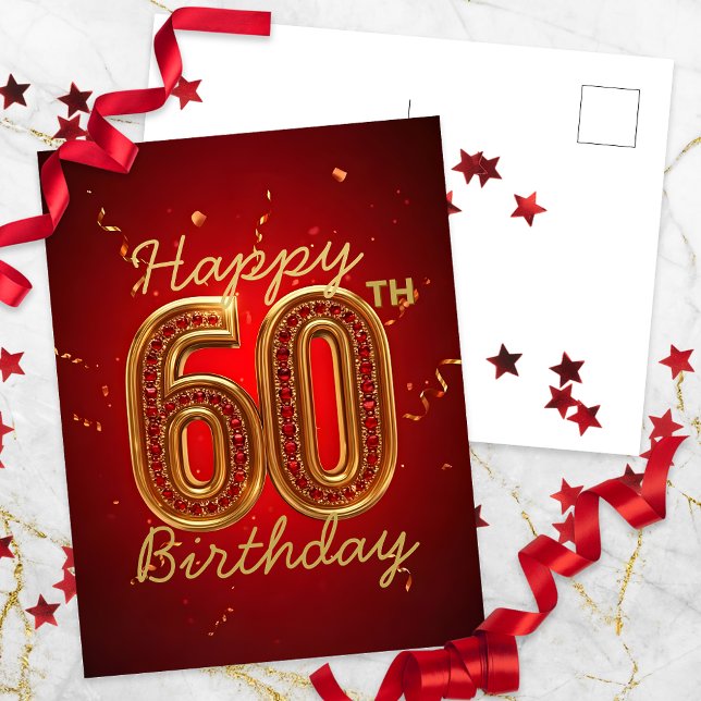 Elegant Lyxig Rubinröd och Guld 60-års Födelsedag Vykort (Skapare uppladdad)