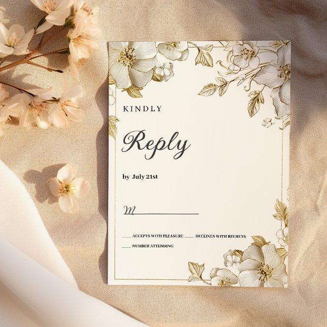 Elegant lyxig vit och guld blomster-RSVP Inbjudningar (Classy luxury white and gold floral RSVP)