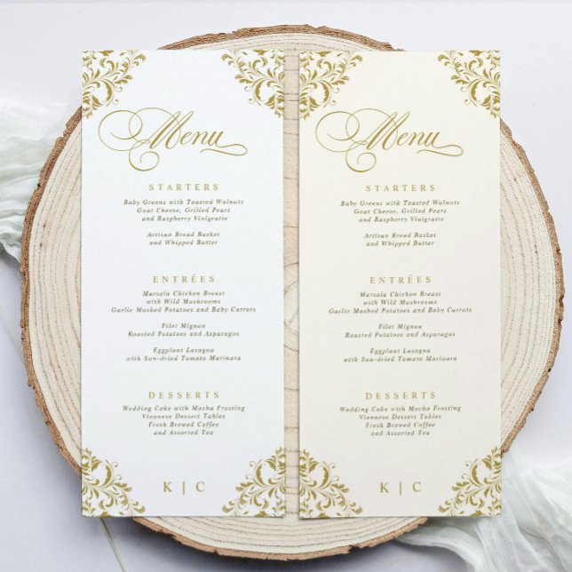 Elegant lyxmeny för bröllop i guld meny (Luxury gold wedding menu with elegant script—perfect for formal place settings)