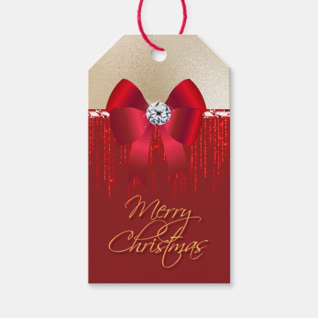 Elegant lyxört röd satängbåge vid jul i guld presentetikett (Framsidan)