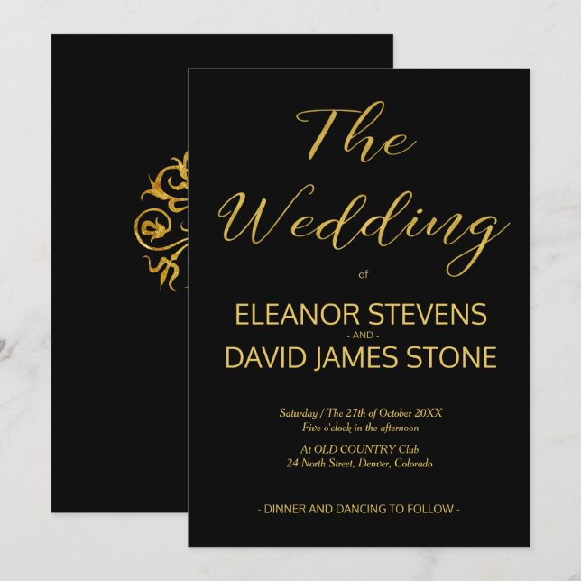 Elegant lyxsvart och skript guld bröllop inbjudningar (Fram/baksida)