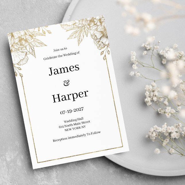 Elegant lyxvit och guld blommigt Bröllop Inbjudningar (Elegant luxury white and gold floral Wedding )