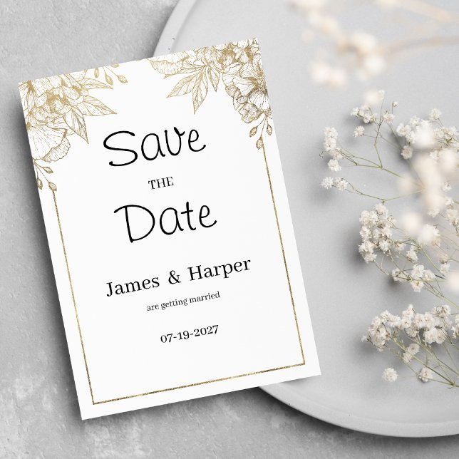 Elegant lyxvit och guld blommigt Spara datum Inbjudningar (Elegant luxury white and gold floral Save the Date)