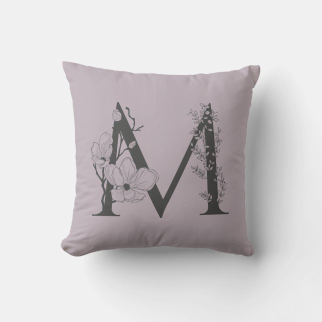 Elegant M Boho Blommigt Monogram Initial Lilac Grå Kudde (Framsida)