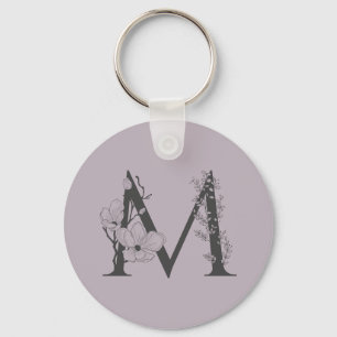 Elegant M Boho Blommigt Monogram Initial Lilac Grå Nyckelring