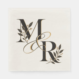 Elegant M & R Bröllopsmonogram Svart Guld Blommig Pappersservett