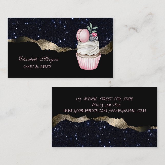Elegant, Macaroon Cupcake Bageri, Svart Glitter Visitkort (Fram/baksida)