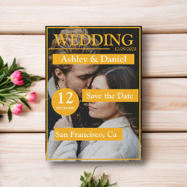 Elegant Magazine Cover Gult Modern Photo Bröllop Spara Datumet