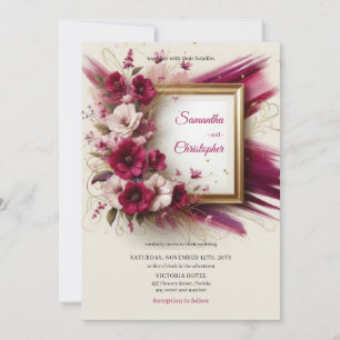 Elegant magenta blommor och guld ram bröllop inbjudningar